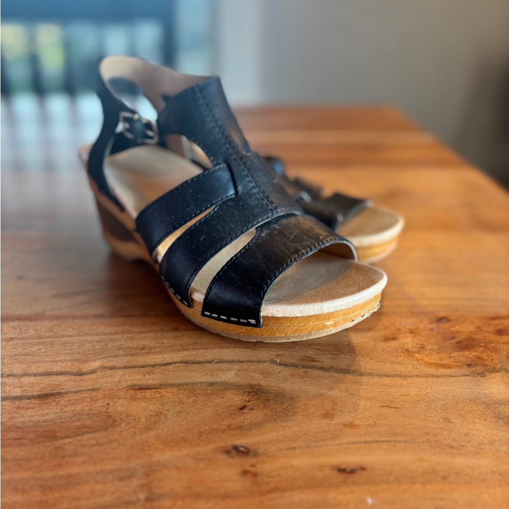 Dansko Black Wedge Shoes with Leather Straps